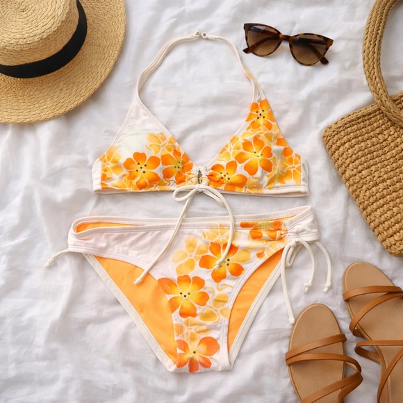 SUMMER GIRL Y2K Orange Hibiscus Rhinestone Bikini Set medium spring break beach - Picture 2 of 9